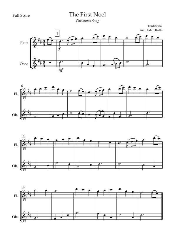 The First Noel (Christmas Song) for Flute & Oboe Duo (arr. Fabio Britto)