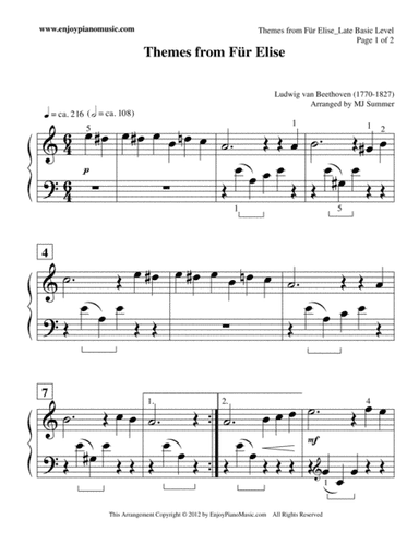 Fur Elise--Easy Piano Solo at Elementary Level--NO eighth notes, melody is distributed across both h (arr. MJ Summer)