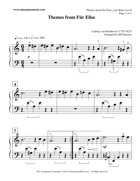 Fur Elise--Easy Piano Solo at Elementary Level--NO eighth notes, melody is distributed across both h (arr. MJ Summer)