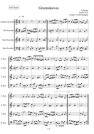 "Greensleves" - Recorder Quartet (soprano, alto, tenor e baixo) (arr. Cecilia Battaglia)