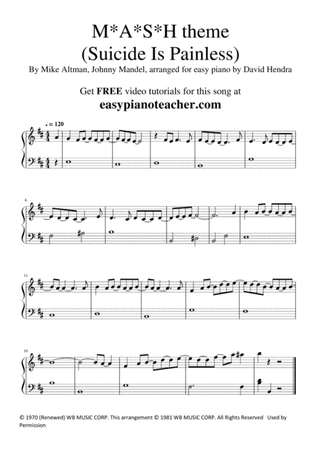 Song From M*a*s*h (suicide Is Painless) (arr. David Hendra, easypianoteacher.com)
