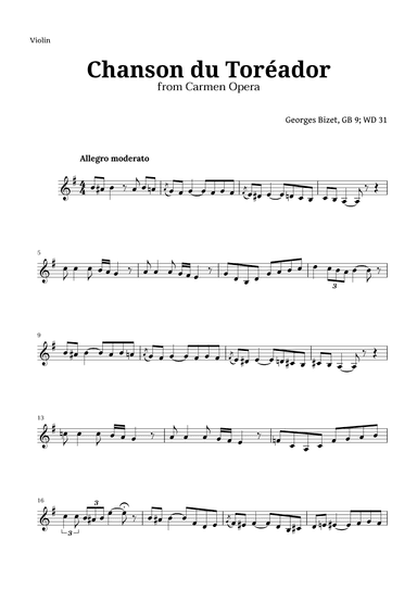 Chanson du Toreador by Bizet for Violin (arr. Langanho)
