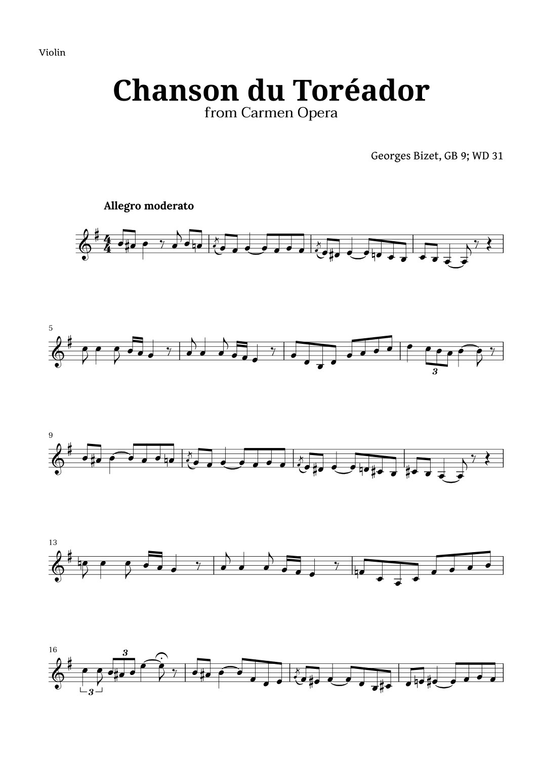 Chanson du Toreador by Bizet for Violin (arr. Langanho)