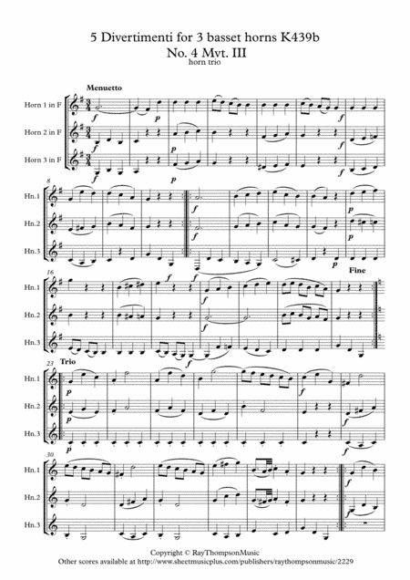 Mozart: Divertimento No.4 from "Five Divertimenti for 3 basset horns" K439b III Menuetto - horn trio (arr. Ray Thompson)