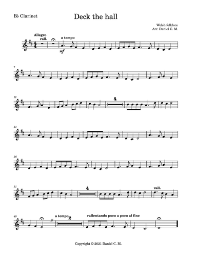 Deck the hall for Bb clarinet and piano (easy) (arr. Daniel C. M.)