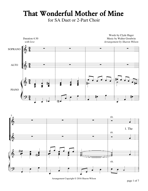 That Wonderful Mother of Mine - Key of C (for SA or 2-part choir with Piano Accompaniment) (arr. Sharon Wilson)