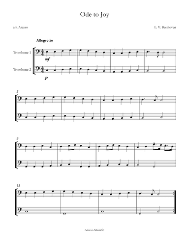 ode to joy in c for trombone duet sheet music (arr. Arezzo Music)