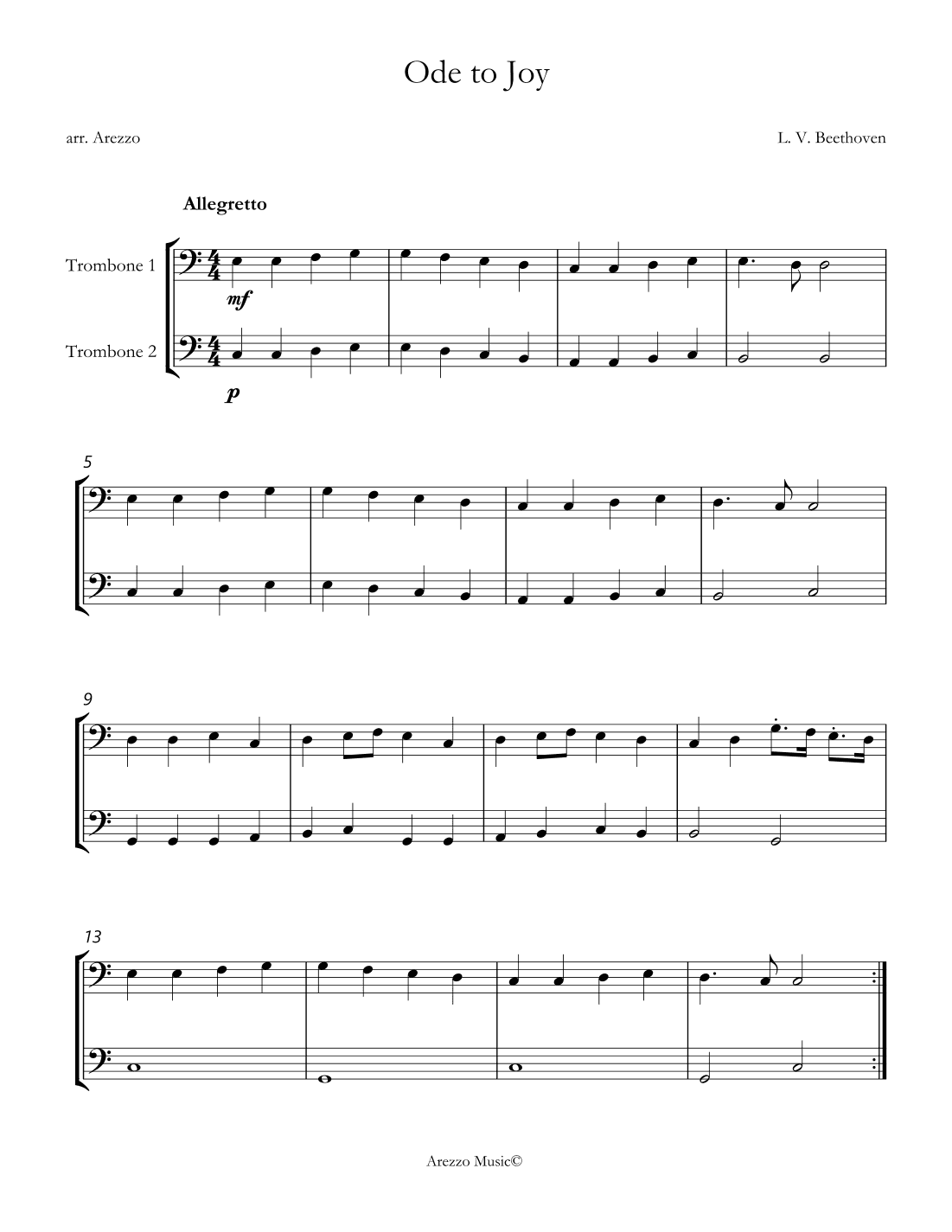 ode to joy in c for trombone duet sheet music (arr. Arezzo Music)
