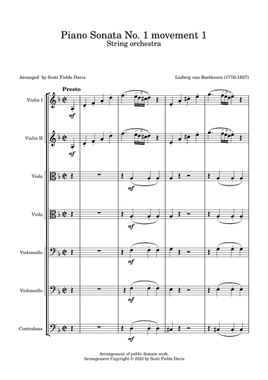 Beethoven, piano Sonata No. I, Movement I arranged for string orchestra (arr. Scott Fields Davis)
