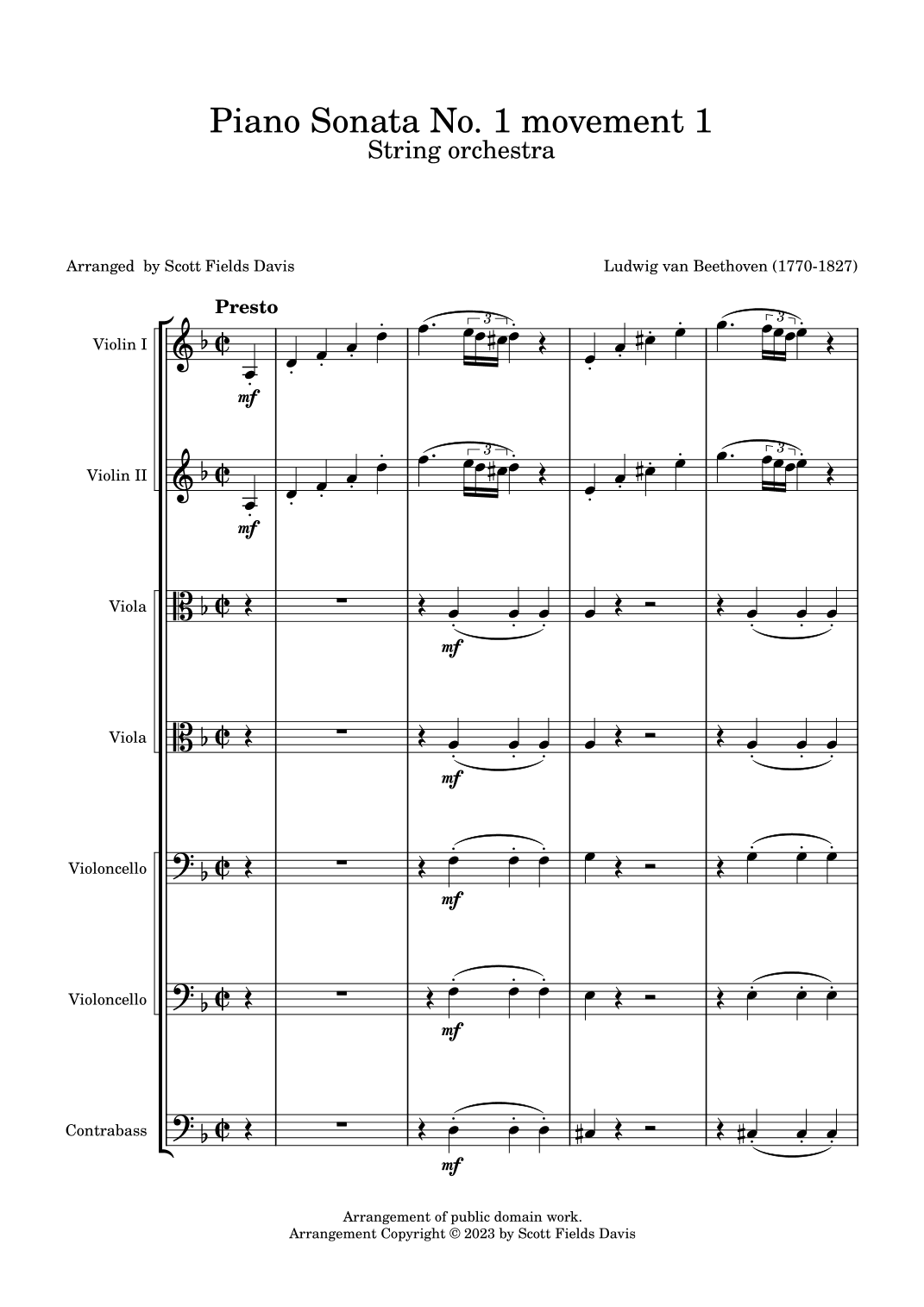 Beethoven, piano Sonata No. I, Movement I arranged for string orchestra (arr. Scott Fields Davis)