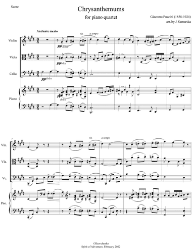 Giacomo Puccini - Crisantemi (Chrysanthemums) arr. for piano quartet (score and parts) (arr. Julia Samarska)