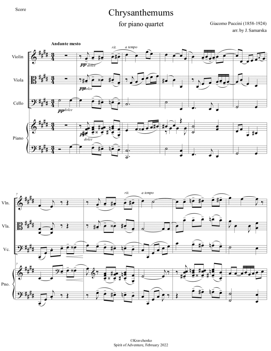 Giacomo Puccini - Crisantemi (Chrysanthemums) arr. for piano quartet (score and parts) (arr. Julia Samarska)