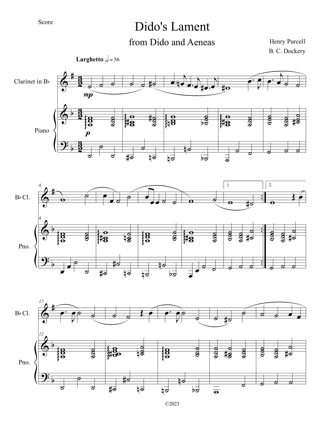 Dido's Lament (Clarinet Solo with Piano Accompaniment) (arr. B. C. Dockery)