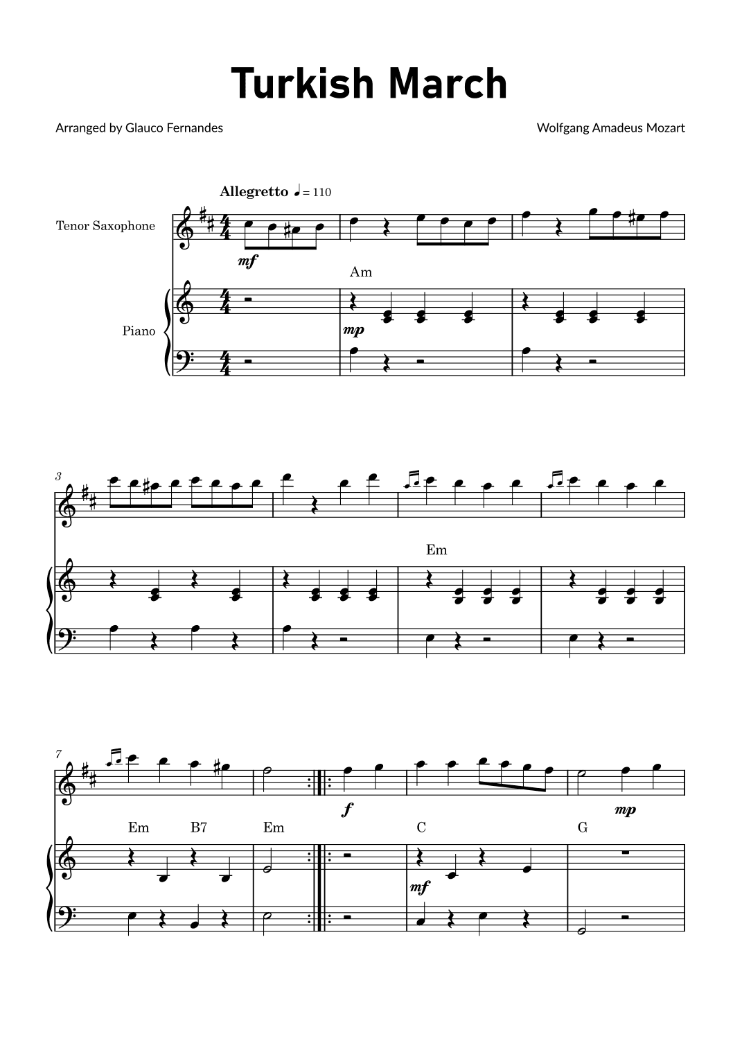 Turkish March by Mozart - Tenor Saxophone and Piano with Chord Notations (arr. Glauco Fernandes)