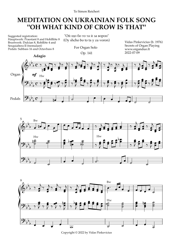 Meditation on Ukrainian Folk Song "Oh What Kind of Crow Is That", Op. 141 by Vidas Pinkevicius