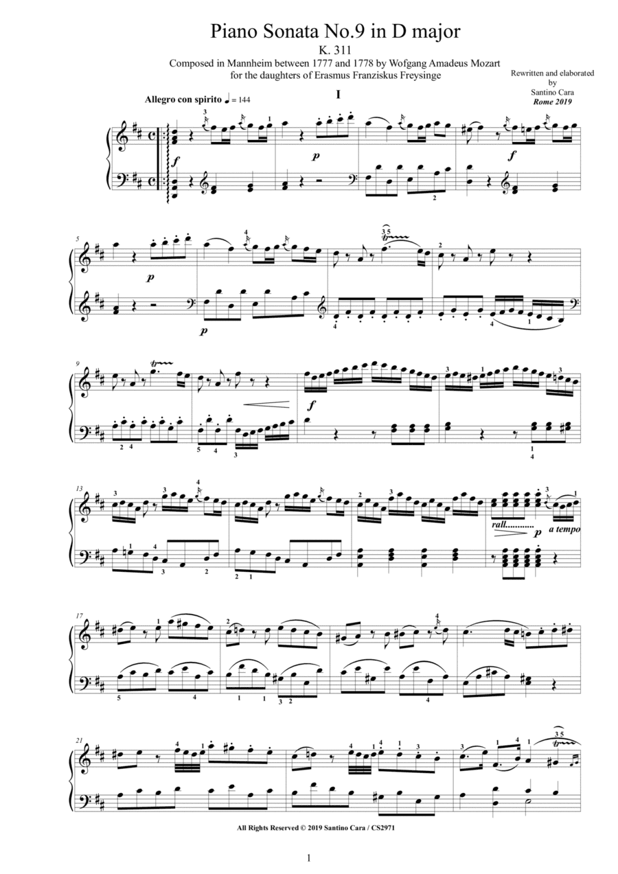 Mozart - Piano Sonata No.9 in D major K 311 - Complete score (arr. Santino Cara)