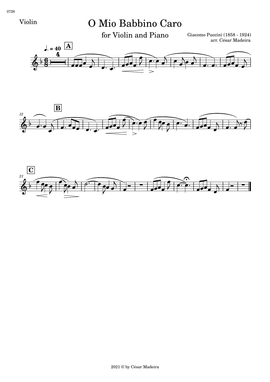 O Mio Babbino Caro by Puccini - Violin and Piano (Individual Parts) (arr. César Madeira)