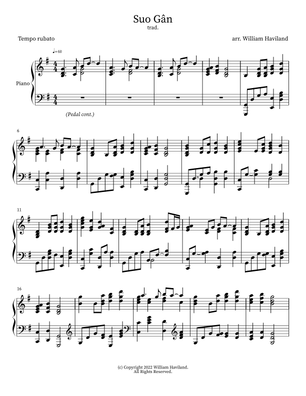 Suo Gân 'Sleep my darling' [arr. for solo piano] (arr. William Haviland)
