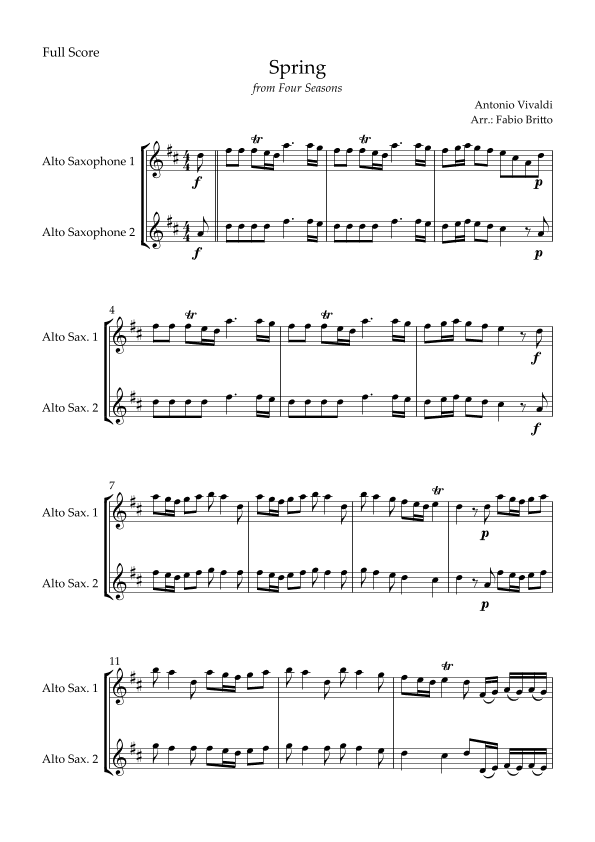 Spring (from Four Seasons of Antonio Vivaldi) for Alto Saxophone Duo (arr. Fabio Britto)