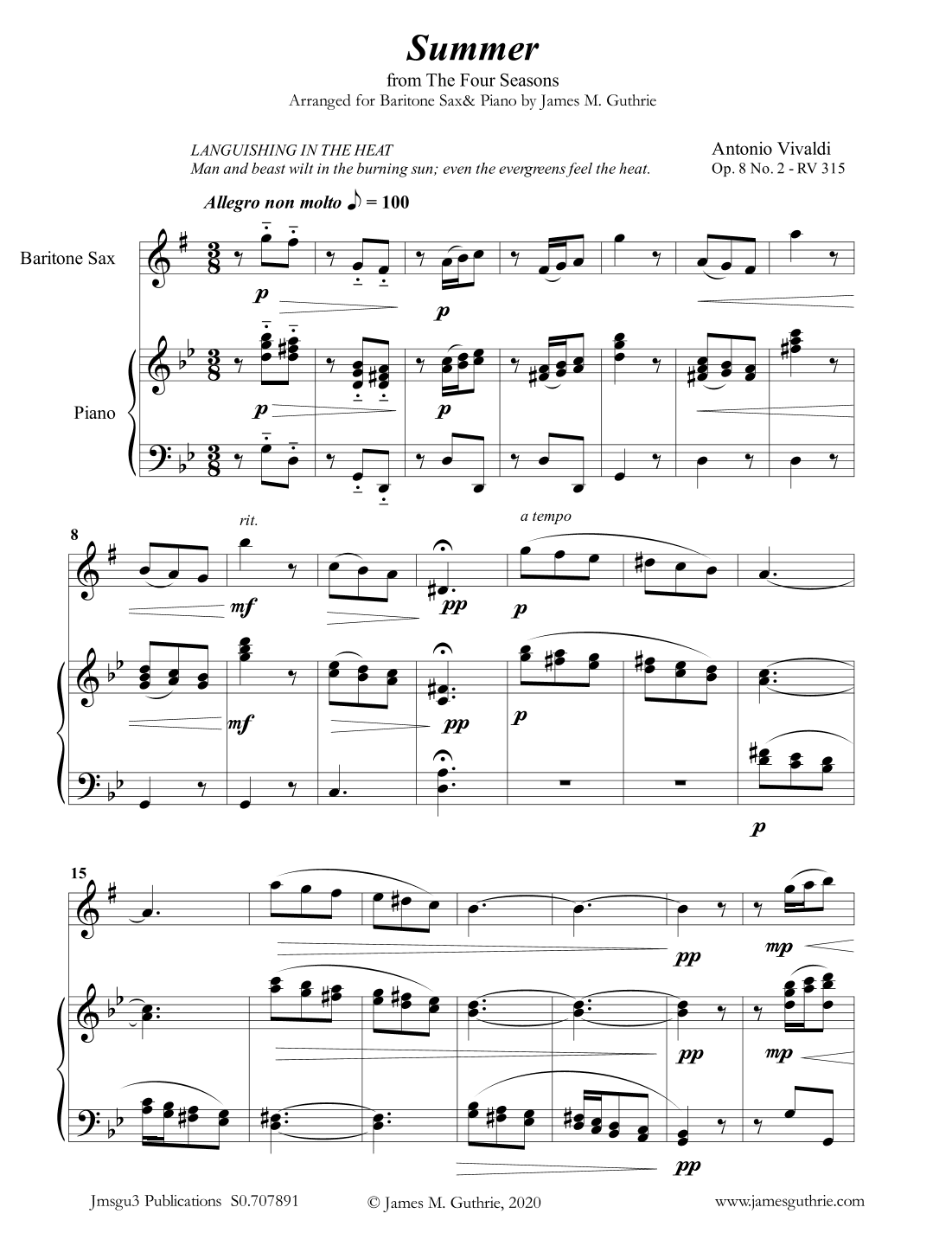 Vivaldi: Summer from the Four Seasons for Baritone Sax & Piano (arr. James M. Guthrie, ASCAP)
