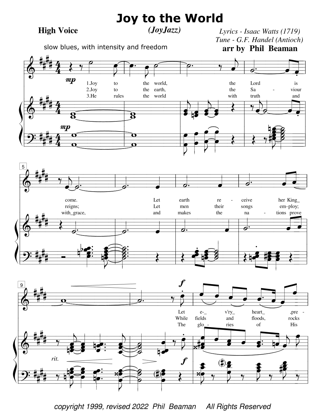 Joy to the World - JoyJazz - high voice and piano (arr. Phil Beaman)