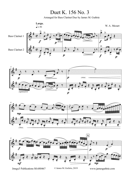 Mozart: Duet K. 156 No. 3 for Bass Clarinet Duo (arr. James M. Guthrie, ASCAP)
