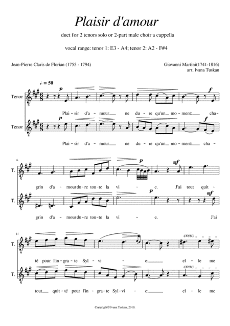 Plaisir d'amour, for TT a cappella, A major (arr. Ivana Tuskan)
