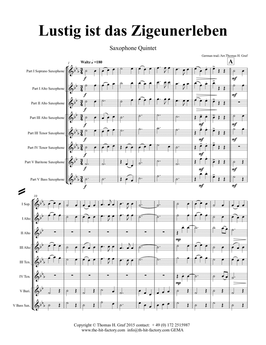 Lustig ist das Zigeunerleben - German Folk Song - Waltz - October Fest - Saxophone Quintet (arr. Thomas Graf)