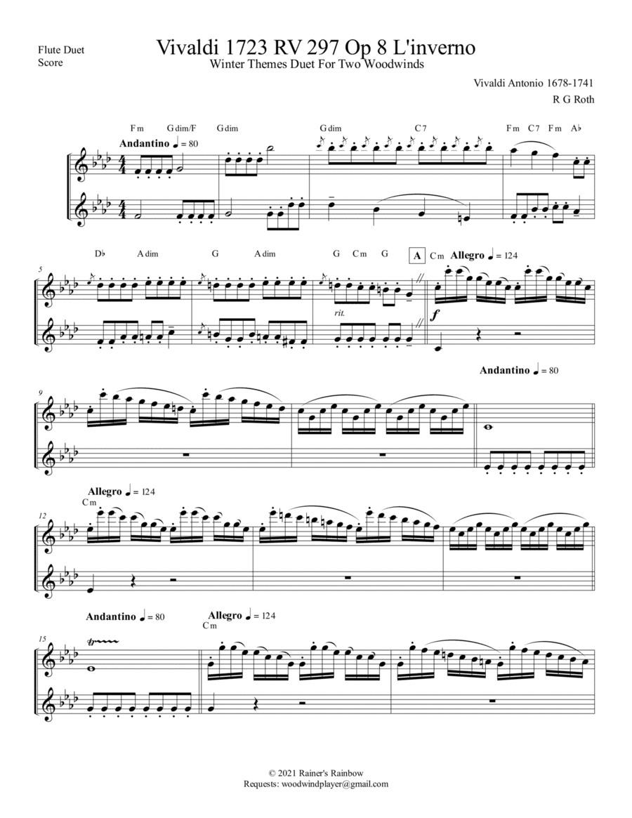 Vivaldi RV 297 Op 8 Winter Themes from The Four Seasons Duet for 2 Flutes