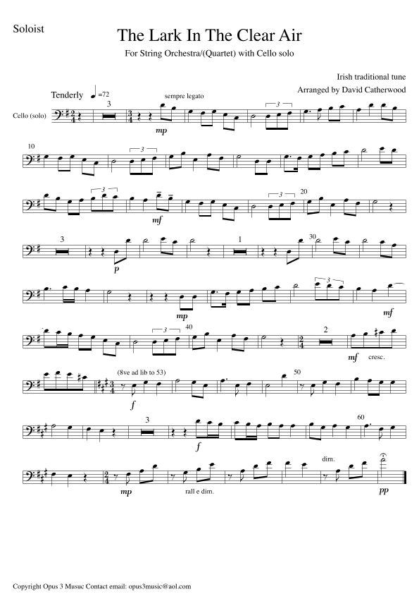 The Lark in the Clear Air for String Orchestra/Quartet featuring Cello Soloist arr. David Catherwood (arr. David Catherwood)