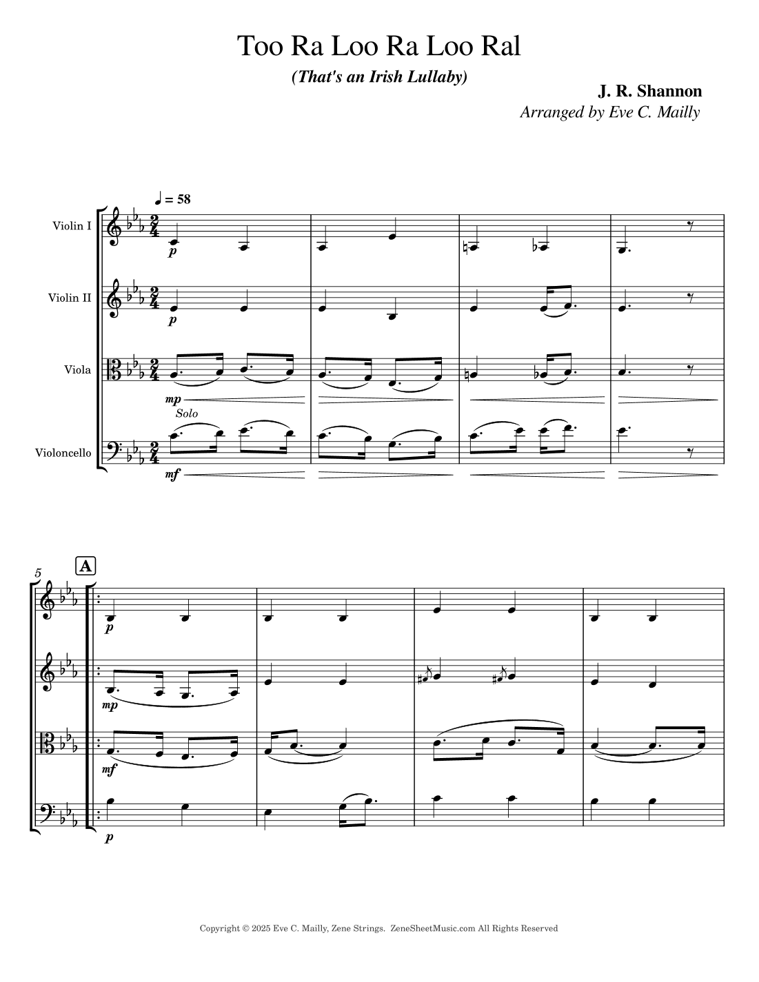 Too Ra Loo Ra Loo Ral (That's an Irish Lullaby) - String Quartet (arr. Eve C. Mailly - Zene Strings)