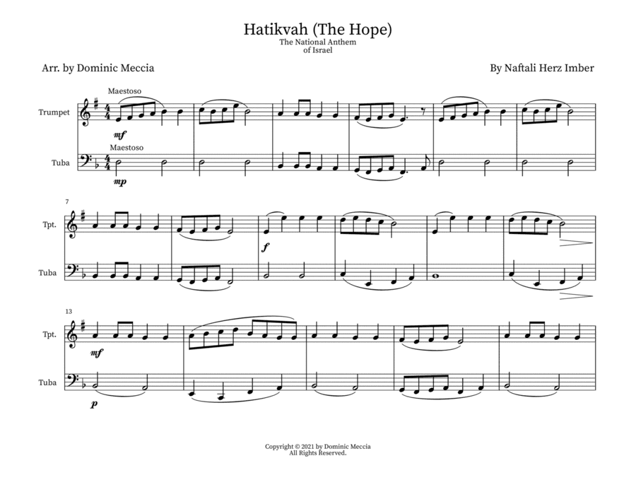 Hatikvah (The Hope) The National Anthem of Israel- Trumpet and Tuba Duet (arr. Dominic Meccia)