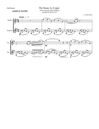 THE SWAN from CARNIVAL OF THE ANIMALS DUET FOR 2 VIOLINS, Intermediate Level (arr. Sherry Lewis)