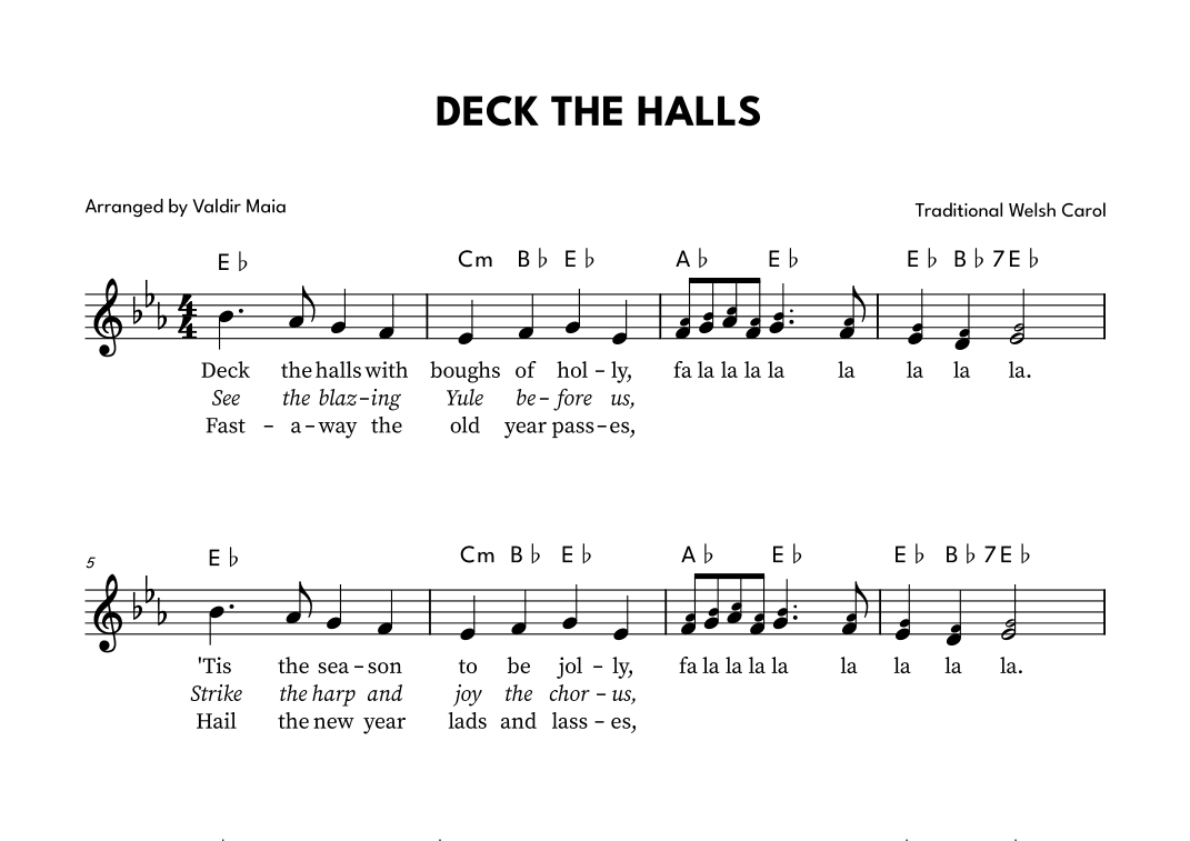 Deck The Halls - Lead Sheet in E flat (arr. Valdir Maia)