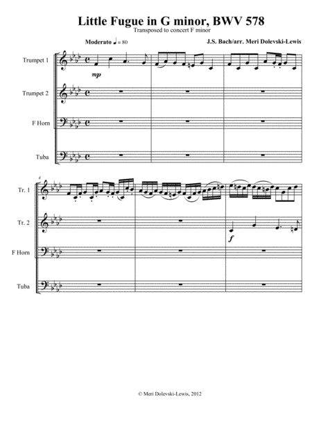 Little Fugue in G minor-- transposed to F minor for brass quartet (arr. Meri Dolevski)
