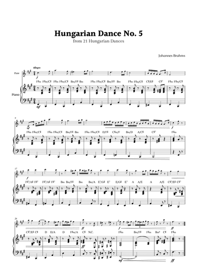 Hungarian Dance No. 5 by Brahms for Flute and Piano with Chords (arr. Rika K.)