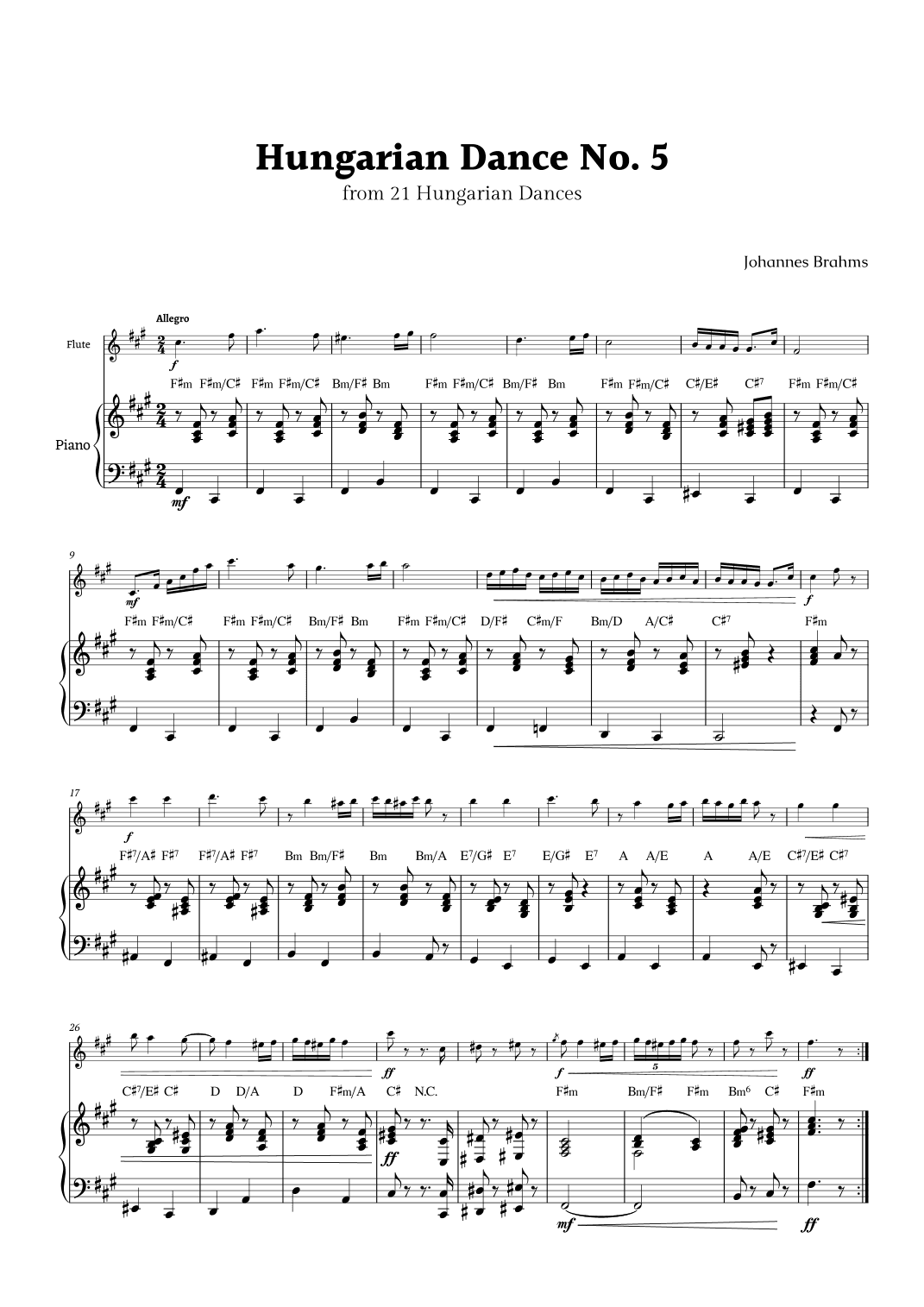 Hungarian Dance No. 5 by Brahms for Flute and Piano with Chords (arr. Rika K.)