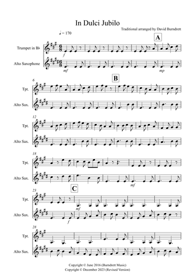 In Dulci Jubilo for Trumpet and Alto Saxophone Duet (arr. David Burndrett)
