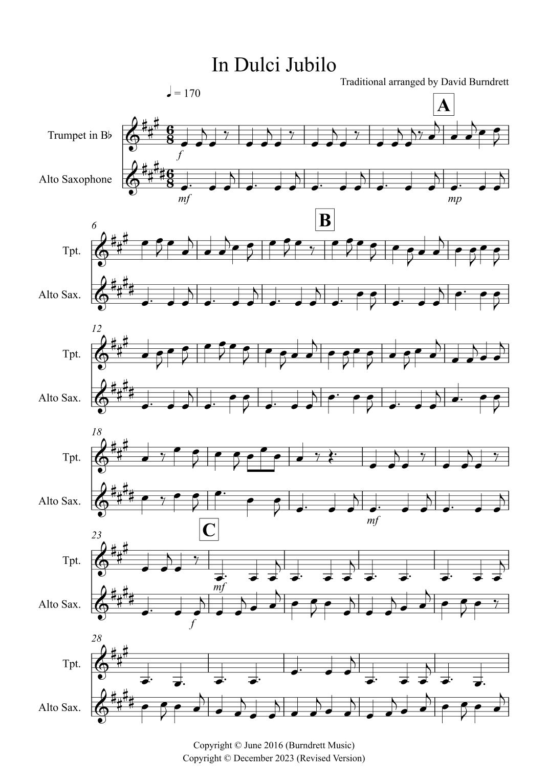 In Dulci Jubilo for Trumpet and Alto Saxophone Duet (arr. David Burndrett)