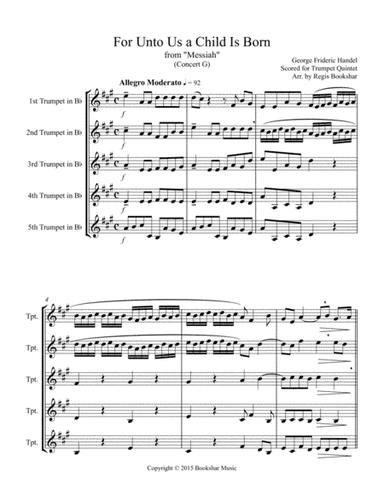 For Unto Us a Child is Born (from "Messiah") (G) (Trumpet Quintet) (arr. Regis Bookshar)