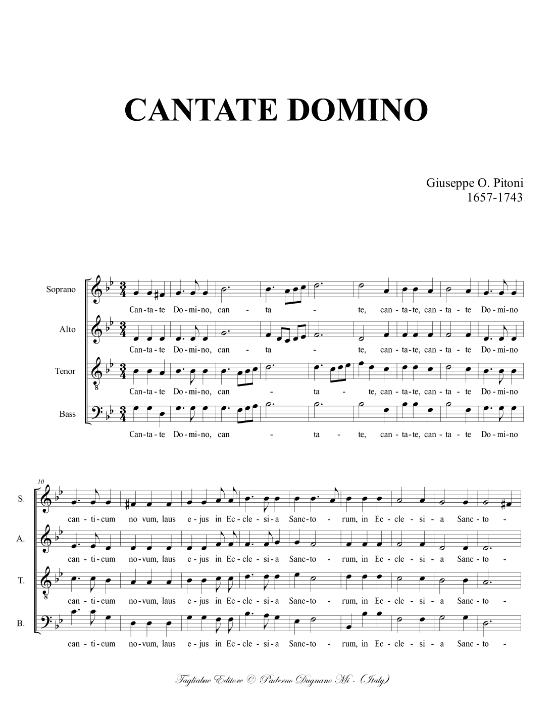 CANTATE DOMINO - G.O. Pitoni - For SATB Choir (arr. Renato Tagliabue)