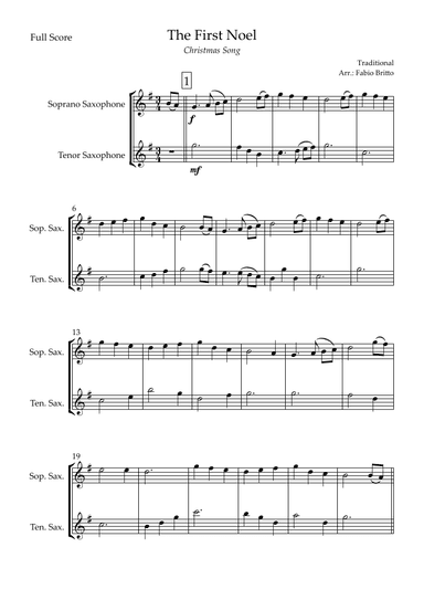 The First Noel (Christmas Song) for Soprano Saxophone & Tenor Saxophone Duo (arr. Fabio Britto)