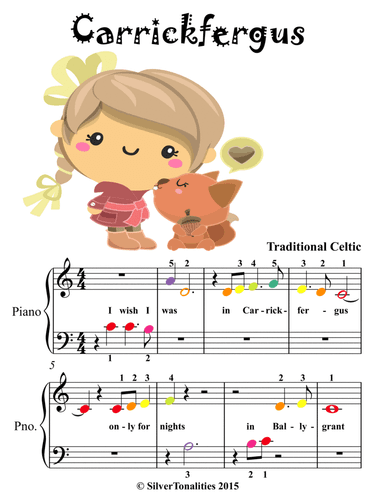 Carrickfergus Beginner Piano Sheet Music with Colored Notes