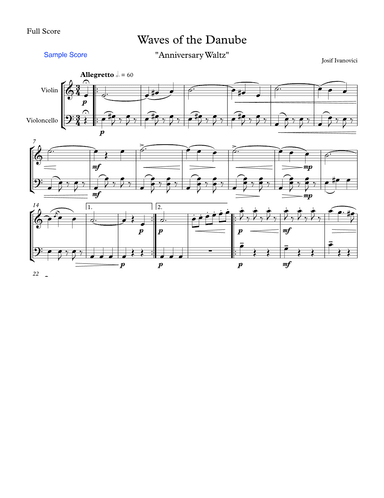 WAVES OF THE DANUBE "Anniversary Waltz" String Duo, Intermediate Level for violin and cello (arr. Sherry Lewis)