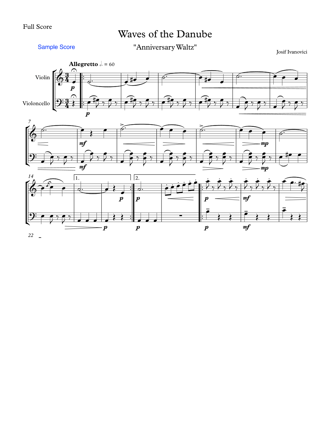 WAVES OF THE DANUBE "Anniversary Waltz" String Duo, Intermediate Level for violin and cello (arr. Sherry Lewis)