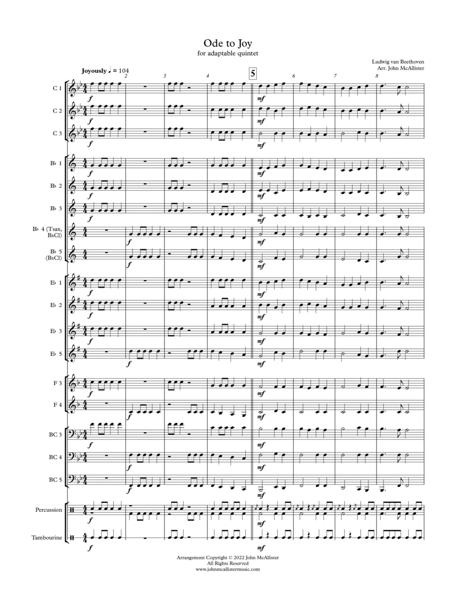 Ode to Joy - for adaptable quintet (arr. John McAllister)