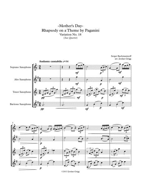 Mother's Day-Rhapsody on a Theme by Paganini Variation No.18 (Sax Quartet) (arr. Jordan Grigg)