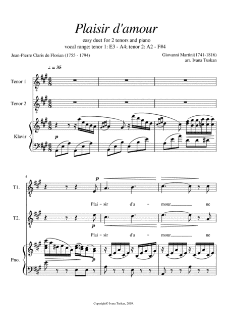 Plaisir d'amour, 2 tenors and piano, A major (arr. Ivana Tuskan)