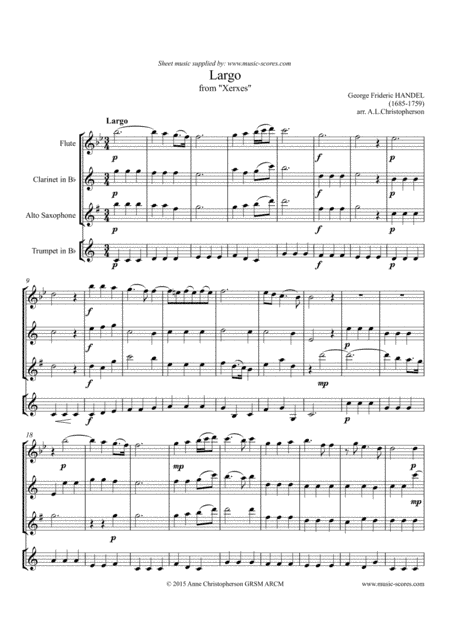 Largo from Xerxes - Flute, Clarinet, Alto Saxophone and Trumpet (arr. Anne L Christopherson GRSM ARCM)