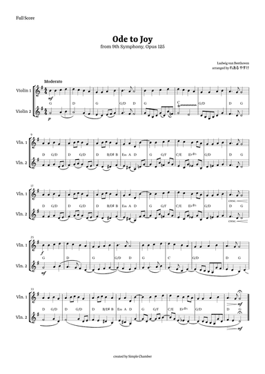 Ode to Joy for Violin Duet by Beethoven Opus 125 (arr. れある やすけ)